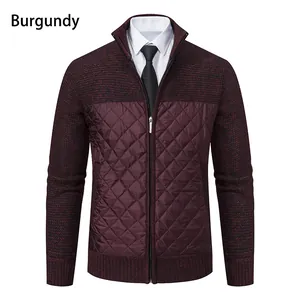 High-quality burgundy men's stand collar knitted cardigan jacket with quilted front detail