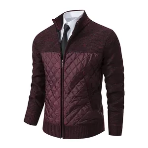 Men's burgundy knitted jacket with quilted front panel and sleek stand collar