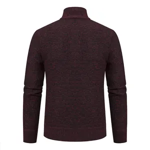 Back view of a men's burgundy knit cardigan with stand-up collar and thick texture