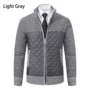 Detail of men's slim fit quilted knit cardigan jacket in light gray with stand-up collar