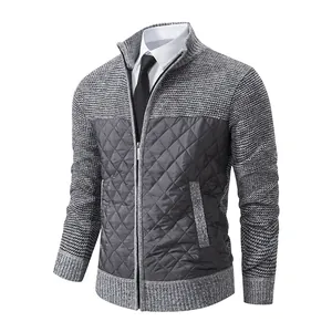 Detail view of men's grey slim fit knit cardigan with quilted diamond pattern jacket