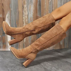 Side view detail of tan suede knee-high boots with chunky heels and side zipper