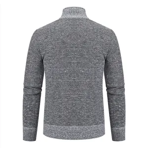 Back view of a men's slim fit knitted cardigan with stand collar and thick texture