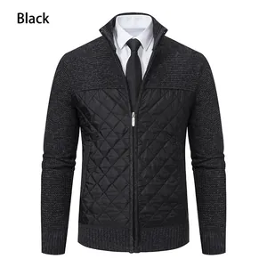 Detail view of men's black knit cardigan featuring a quilted front panel design