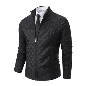 Professional view of men's slim fit knitted jacket with quilted front and stand collar