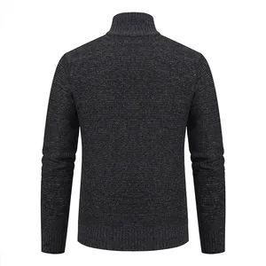 Back view of a charcoal gray men's knitted cardigan sweater with textured pattern