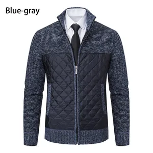 Detail of men's blue-gray knitted cardigan jacket with quilted front panel
