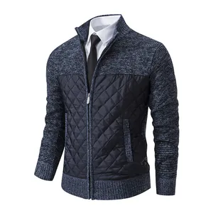 Macro detail of men's slim fit knitted cardigan with quilted windproof front panel