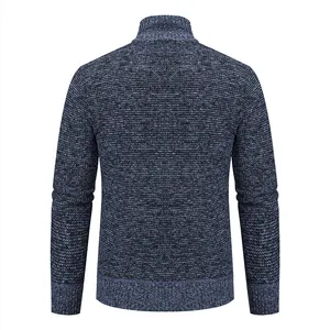 Detailed rear view of a men's stand collar knitted cardigan in thick blue mixed knit