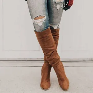 Close-up view of brown suede knee-high boots with chunky heels and side zipper detail.