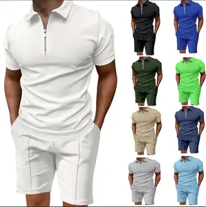 Conjunto casual de polo y pantalones cortos de tela gofrada para hombre en varios colores