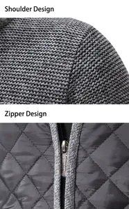 Detailed views of men's knitted cardigan showing shoulder texture and metal zipper.