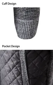 Detailed view of knitted cuff and quilted pocket on men's winter cardigan jacket