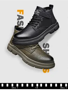 Close-up of stylish vintage men's Martin boots in black and olive green textured leather
