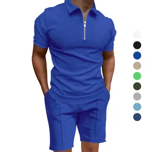 Conjunto de polo y pantalones cortos de punto gofre para hombre en azul real