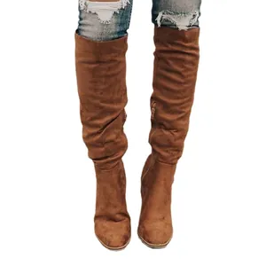 Elegant brown suede over-the-knee boots with side zipper and chunky high heel for autumn