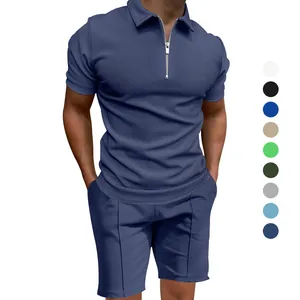 Conjunto de polo y pantalones cortos de punto gofre azul marino para hombre