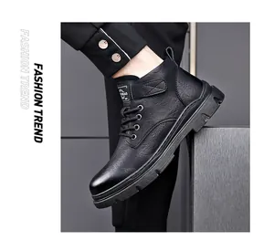 Macro view showing the texture and design of black leather high-top Martin boots