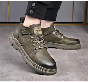 Side view detail of men's retro olive green leather Martin boots for winter warmth