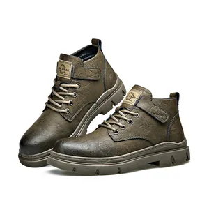 Side view of vintage brown men's high-top Martin boots with lace-up and Velcro detail
