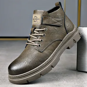 Men Vintage Leather Martin Boots Autumn Winter High Top Work Boots Warm Fleece Lined Lace-up Velcro Casual Shoes For Men
