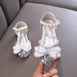 Elegant silver glitter girls princess shoes with rhinestones bow and pearl strap