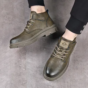 Retro dark olive men's high-top Martin boots with durable rubber sole and lace-up design.