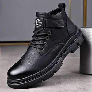 Stylish black high-top leather Martin boots for men with durable thick rubber sole