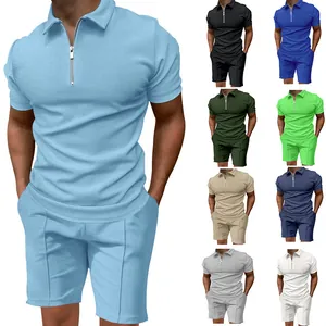 Conjunto de Polo y Pantalones Cortos de Punto de Gofre para Hombre Ajuste Entallado con Cremallera Manga Corta Verano