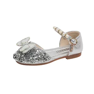 Elegant silver glittery girls princess shoes with pearl strap and butterfly bow