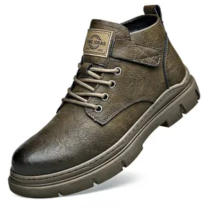 Vintage brown leather high-top men's Martin boots with warm fleece lining for winter