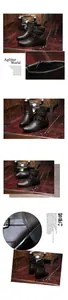 Detailed view of men's brown high-top leather boots with buckle straps and side zipper