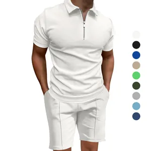Conjunto de polo de verano para hombre en punto gofre con manga corta y cremallera