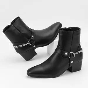 Men Fashion High Heel Chain Boots Pointed Toe Martin Boots British Style Side Zipper Punk Rock Mid Calf Boots For Men