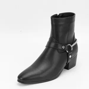 Mens stylish black leather boots with metal chain harness and square toe mid heel