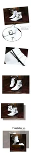 Detailed view of white men's pointed leather boots with side zipper and double buckles