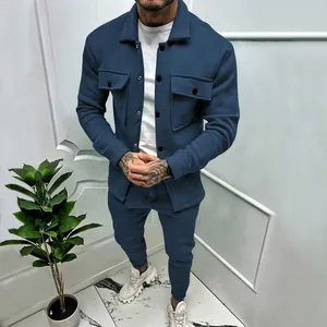 Detail shot of men's navy blue suede slim fit two-piece set with single-breasted jacket