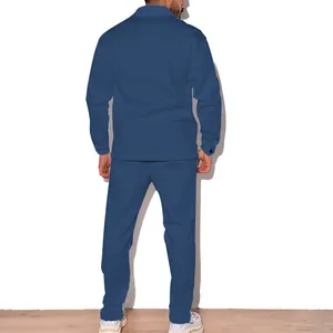 Detailed back view of men's navy blue suede slim fit jacket and trousers set for autumn