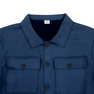 Detail of blue suede men's jacket showing collar, buttons and chest pockets