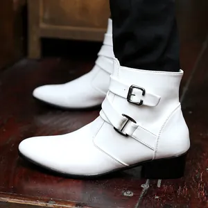 Men Fashion High-Top Martin Boots Pointed Toe Synthetic Leather Boots With Buckle Straps Side Zipper Winter Shoes