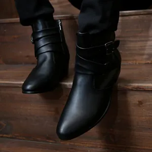 Men's stylish black leather high-top boots with pointed toe and decorative buckles