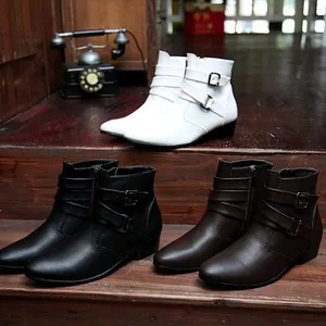 Fashionable men's pointed-toe leather boots with buckle straps in three classic colors.