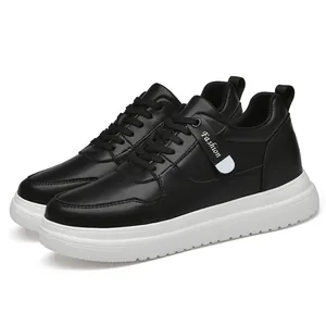 Black leather sneakers for men with thick white soles and lace-up design