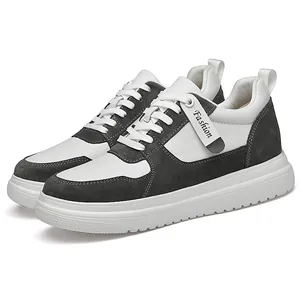 Premium men's leather sneakers with hidden 8cm height increase, white and grey style