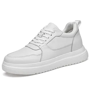 Premium men's white leather sneakers with invisible 8cm elevator height increase