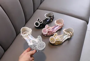 Glittery girls princess shoes with rhinestone bunny decor and pearl straps in multiple colors