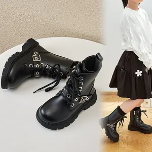 Stylish black children's Martin boots with side zipper and decorative flower buckles