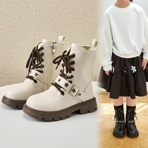Children's stylish British style Martin boots with side zipper in off-white and black