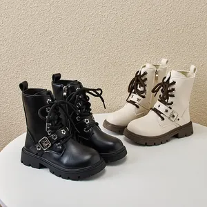 British style children's Martin boots with side zipper in black and beige