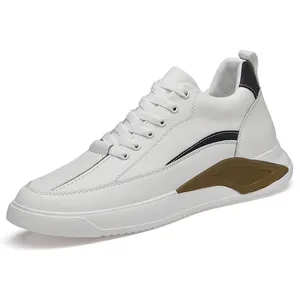 Sneaker casual da uomo bianche in pelle con suola platform rialzata di 6 cm nascosta